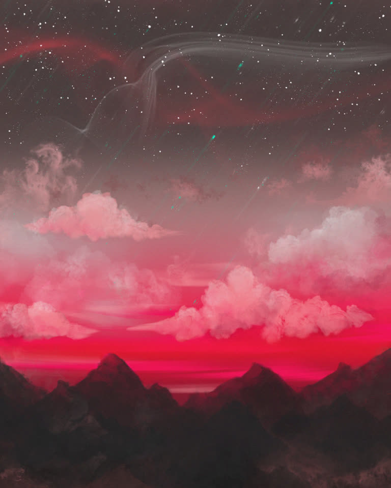 有一幅红色天空的画作,背景是云彩