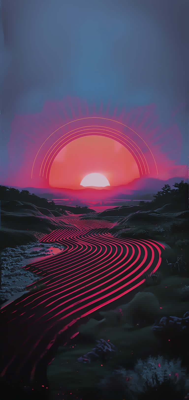 田野中央有一幅日落画